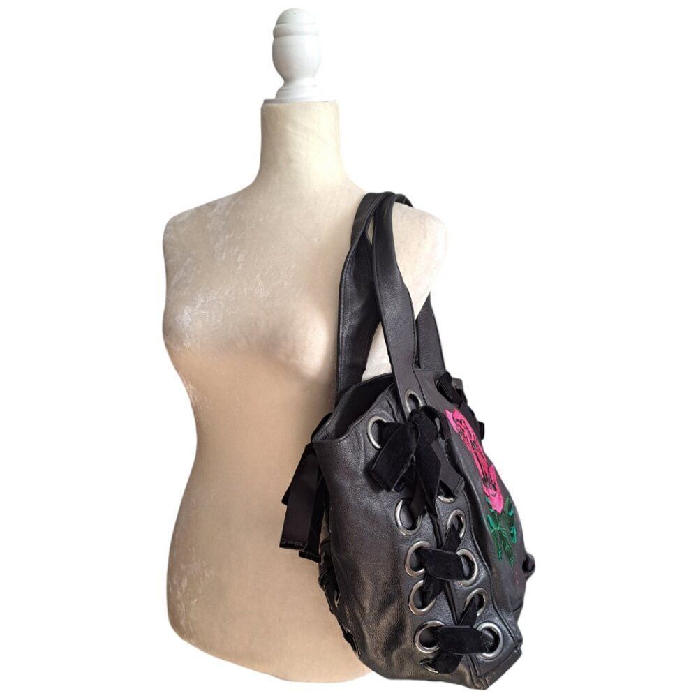 Betsey Johnson Women's Rose Black Embroidered  Leather Corset Tote - Picture 3 of 8